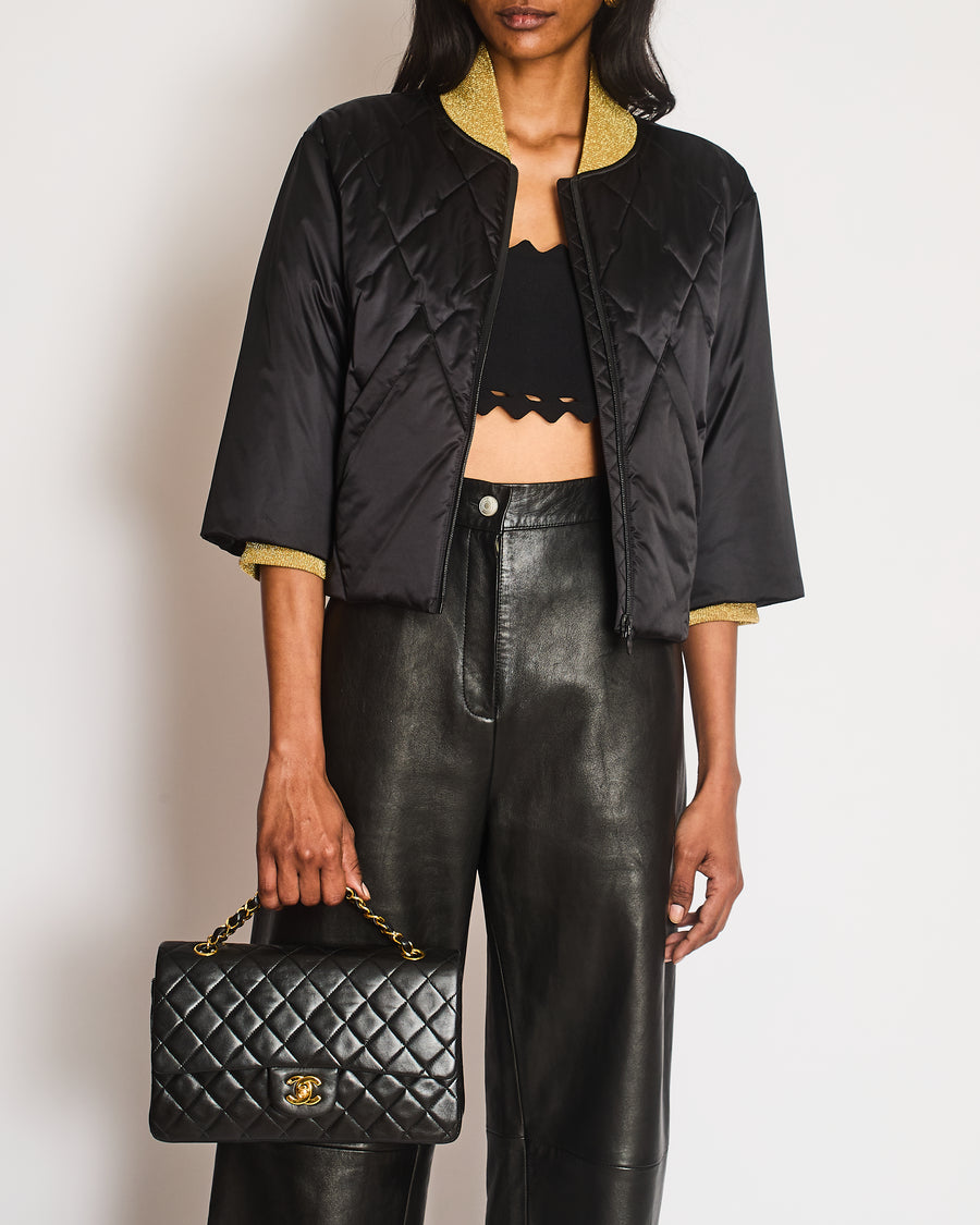 Chanel 17A Black Quilted Cropped Puffer Jacket with Gold Cuffs and Black CC Logo Zipper Size FR 36 (UK 8)