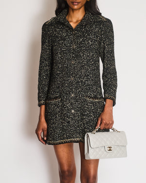 Chanel Fall 2011 Black and Gold Sequin Tweed Coat with Gold Chain Trim Detail and Black and Gold CC Logo Buttons Size FR 36 (UK 8)