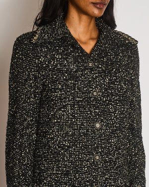 Chanel Fall 2011 Black and Gold Sequin Tweed Coat with Gold Chain Trim Detail and Black and Gold CC Logo Buttons Size FR 36 (UK 8)