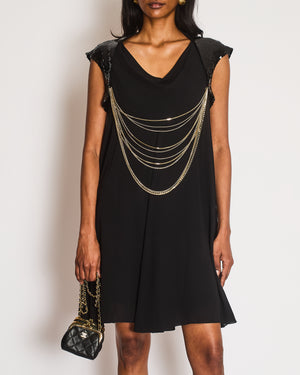 Chanel Vintage 07P Black Silk Mini Dress with Gold Chains and Sequin Shoulders with Silver CC Logo Zip Detail Size FR 34 (UK 6)