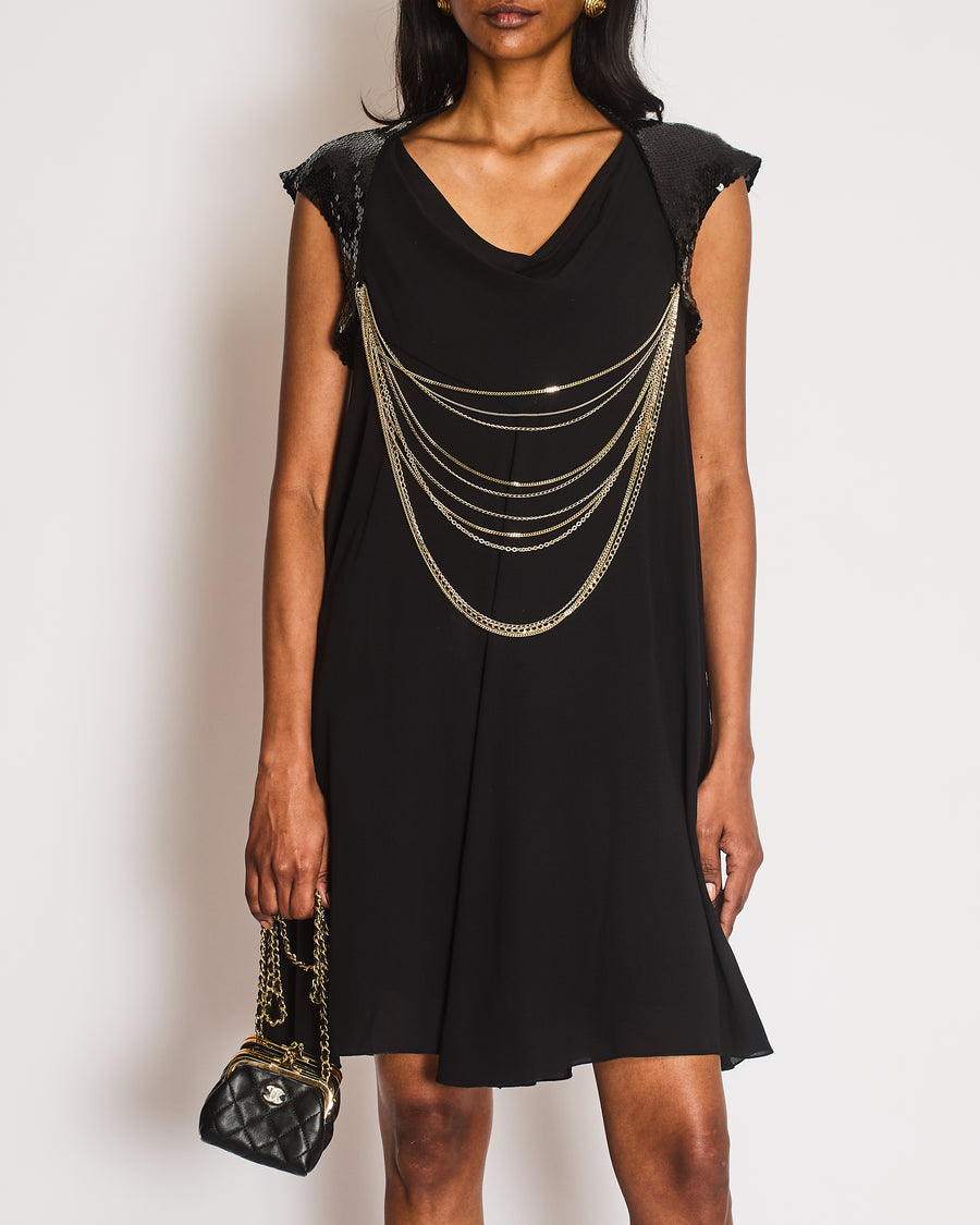 Chanel Vintage 07P Black Silk Mini Dress with Gold Chains and Sequin S –  Sellier