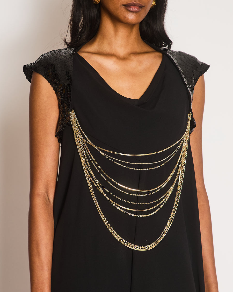green emerald velvet dress Chanel 07P Black Sequin Flare Dress with Gold Chains
