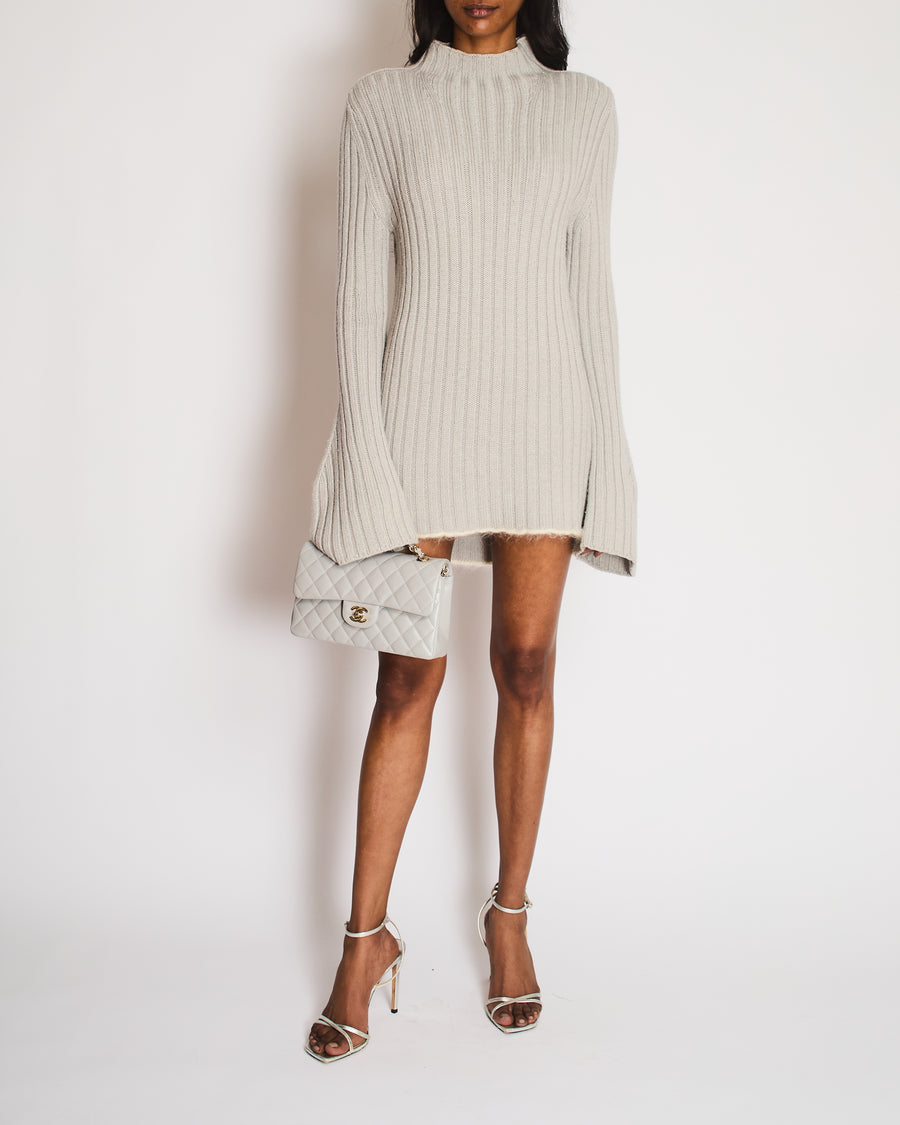 Celine Grey Ribbed Balloon Sleeve Cable Knit Jumper with Trim Detail Size M (UK 10)