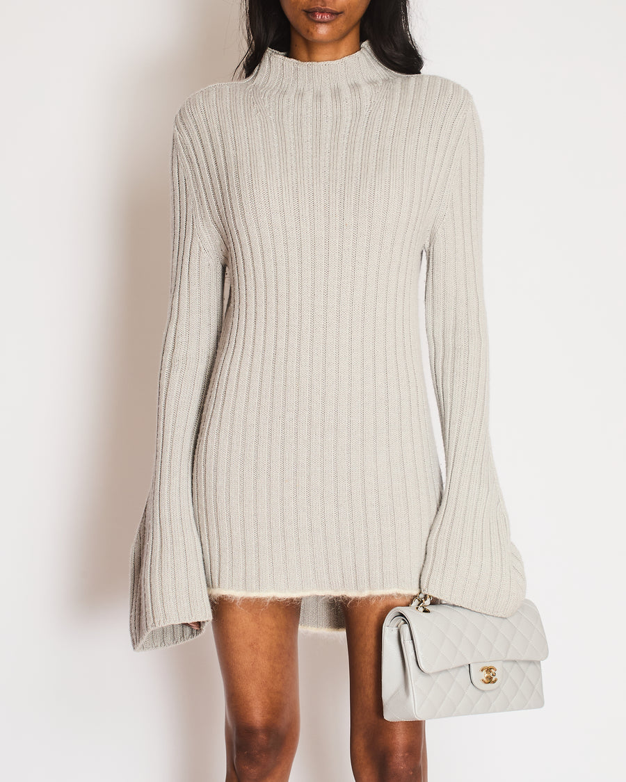 Celine Grey Ribbed Balloon Sleeve Cable Knit Jumper with Trim Detail Size M (UK 10)
