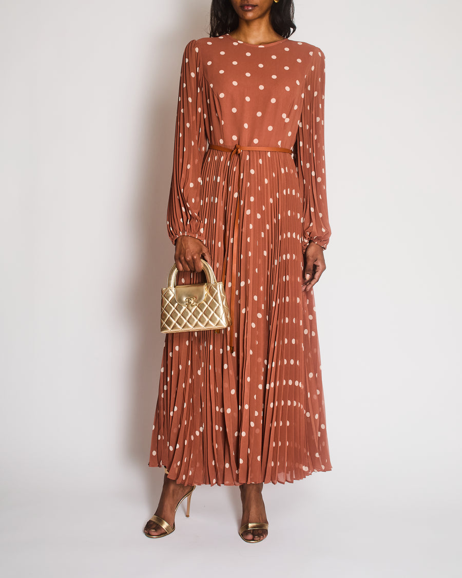 Zimmermann Brown Sunray Polkadot Long Sleeve Pleated Maxi Dress Size 4 (UK 16)