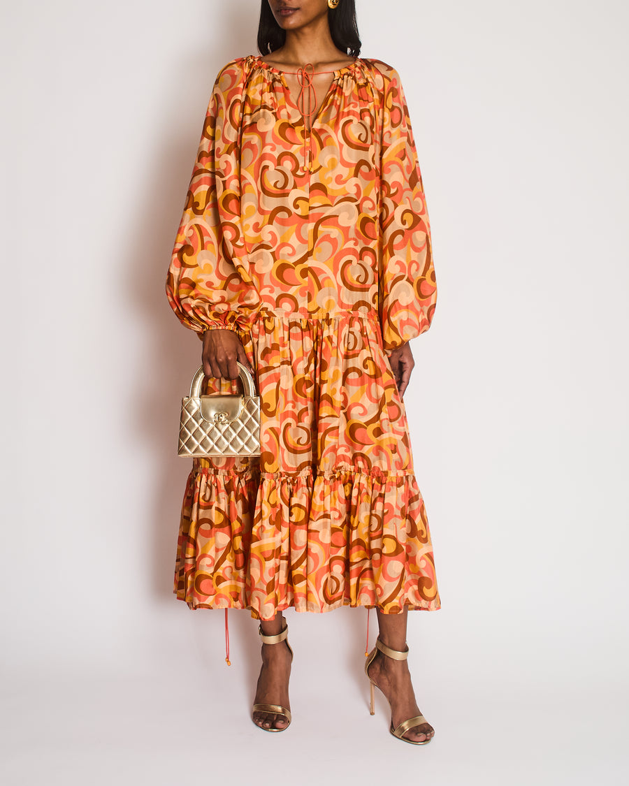 Zimmermann Orange Mae Long Sleeve Tiered Swirl Dress Size 3 (UK 14)   Sellier