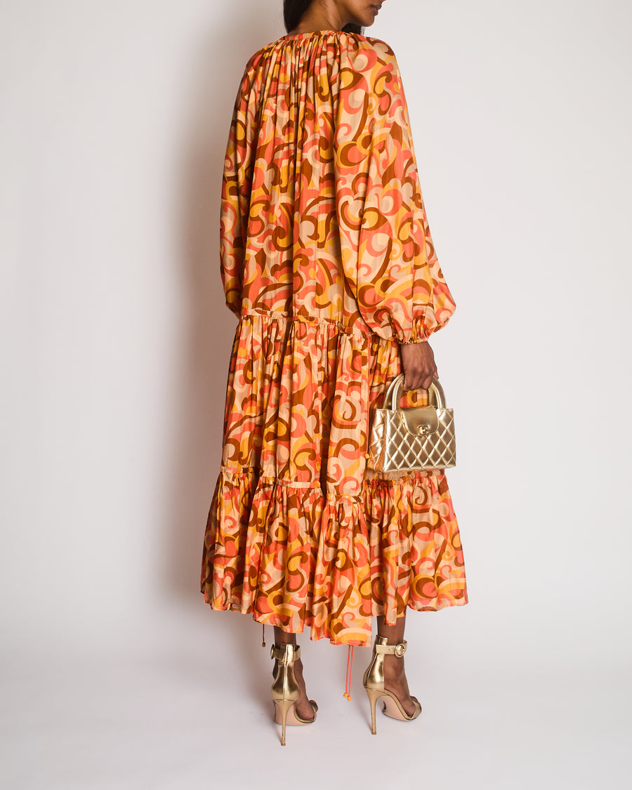 Zimmermann Orange Mae Long Sleeve Tiered Swirl Dress Size 3 (UK 14)
