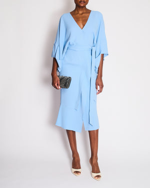 Roland Mouret Pastel Blue Mid Sleeve Midi Dress with Waist Tie Detail Size FR 36 (UK 8)