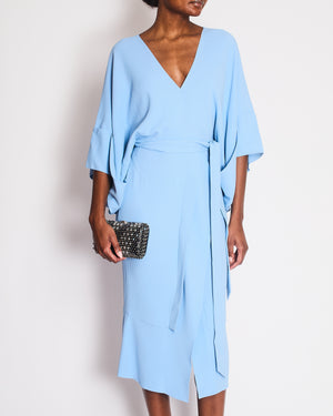 Roland Mouret Pastel Blue Mid Sleeve Midi Dress with Waist Tie Detail Size FR 36 (UK 8)