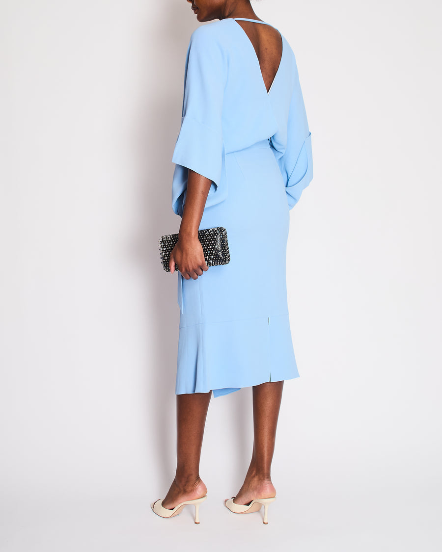 Roland Mouret Pastel Blue Mid Sleeve Midi Dress with Waist Tie Detail Size FR 36 (UK 8)