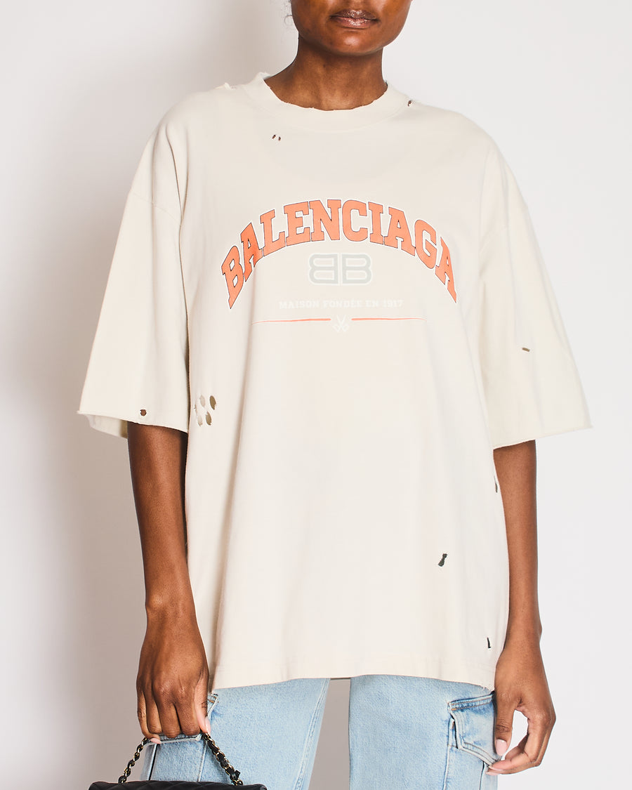 Balenciaga Cream Maison Fondee Distressed T-Shirt with Orange Logo Print Size L (UK 12)