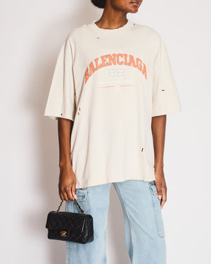 Balenciaga Cream Maison Fondee Distressed T-Shirt with Orange Logo Print Size L (UK 12)