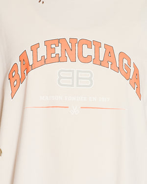 Balenciaga Cream Maison Fondee Distressed T-Shirt with Orange Logo Print Size L (UK 12)