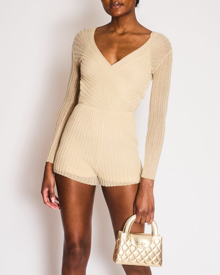 *RUNWAY* Christian Dior Cruise 2022 Gold Knit Long-Sleeved Ribbed Playsuit Size FR 36 (UK 8)