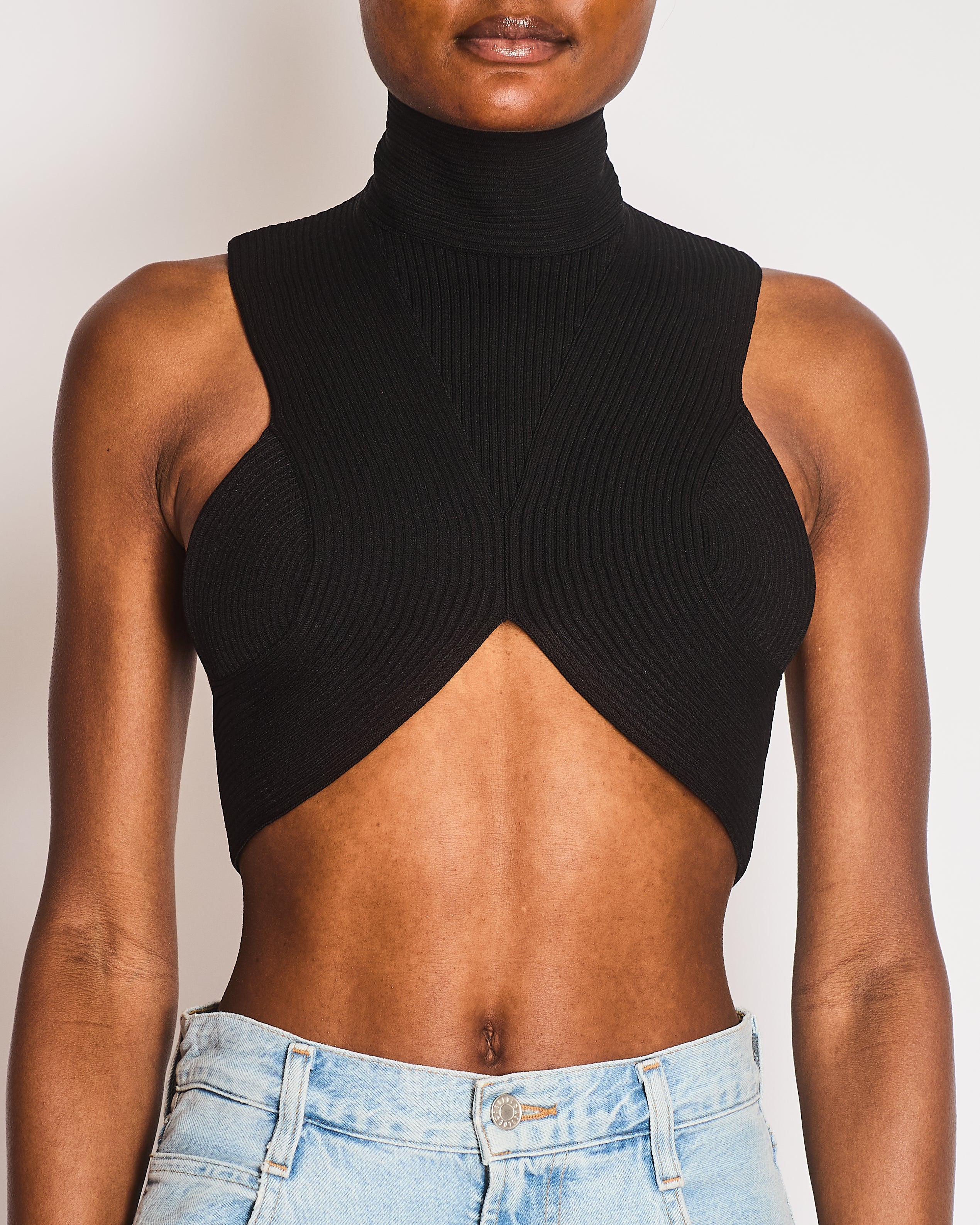 Alaia Black Knit Ribbed High-Neck Cropped Top with Open Back Size