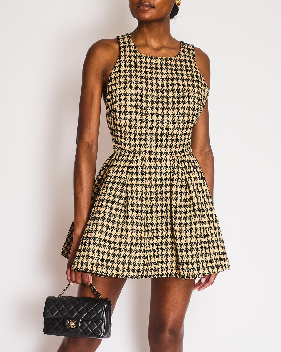 Christian Dior Beige and Black Houndstooth Sleeveless Mini Dress with Crossover Back Strap Detail Size FR 36 (UK 8)