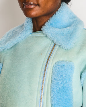 Jacquemus Light Blue Shearling La Veste Paioù Cropped Jacket with Gold Zipper Detail Size FR 34 (UK 6) RRP £2,100