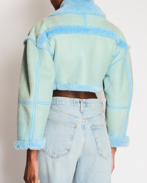 Jacquemus Light Blue Shearling La Veste Paioù Cropped Jacket with Gold Zipper Detail Size FR 34 (UK 6) RRP £2,100