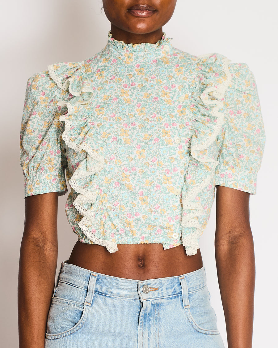Miu Miu Cream and Multi-Colour Floral Print Blouse with Rouched Details and Lace Trim Size IT 36 (UK 4)