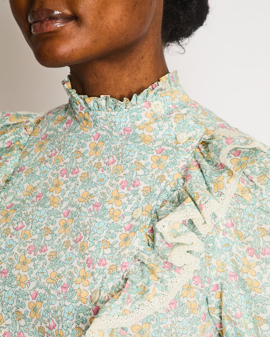 Miu Miu Cream and Multi-Colour Floral Print Blouse with Rouched Details and Lace Trim Size IT 36 (UK 4)