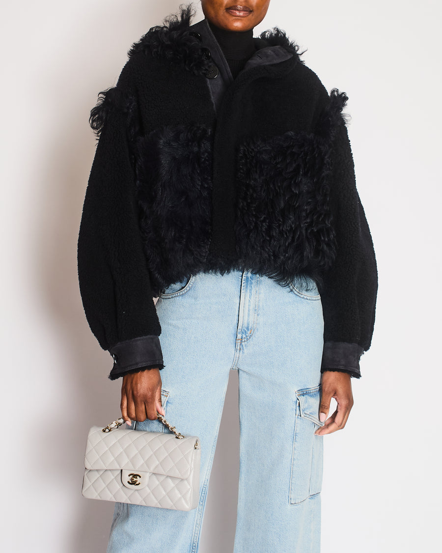 Dior Black Suede and Shearling Jacket with Black Anchor Logo Buttons Size FR 36 (UK 8)