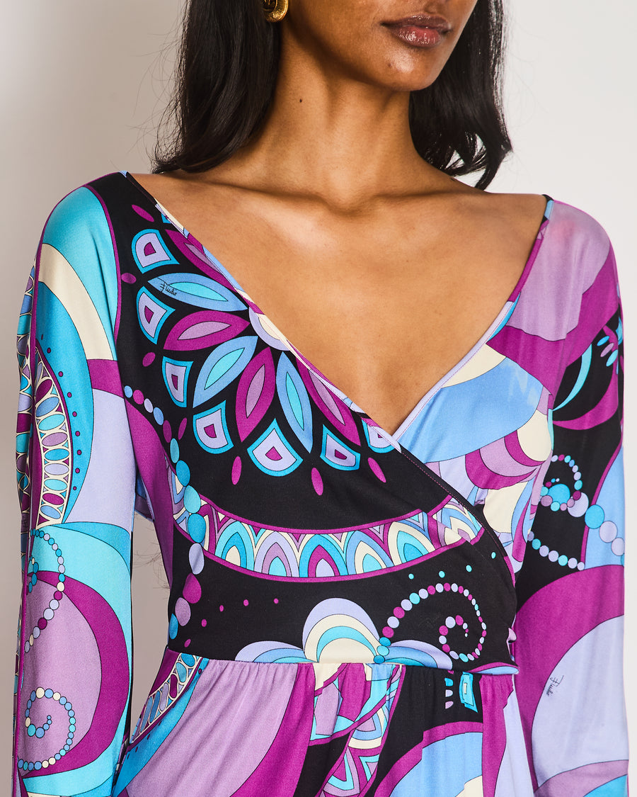 Emilio Pucci Silk Purple Mid-Sleeve Abstract Print Midi Dress Size IT 44 (UK 12)