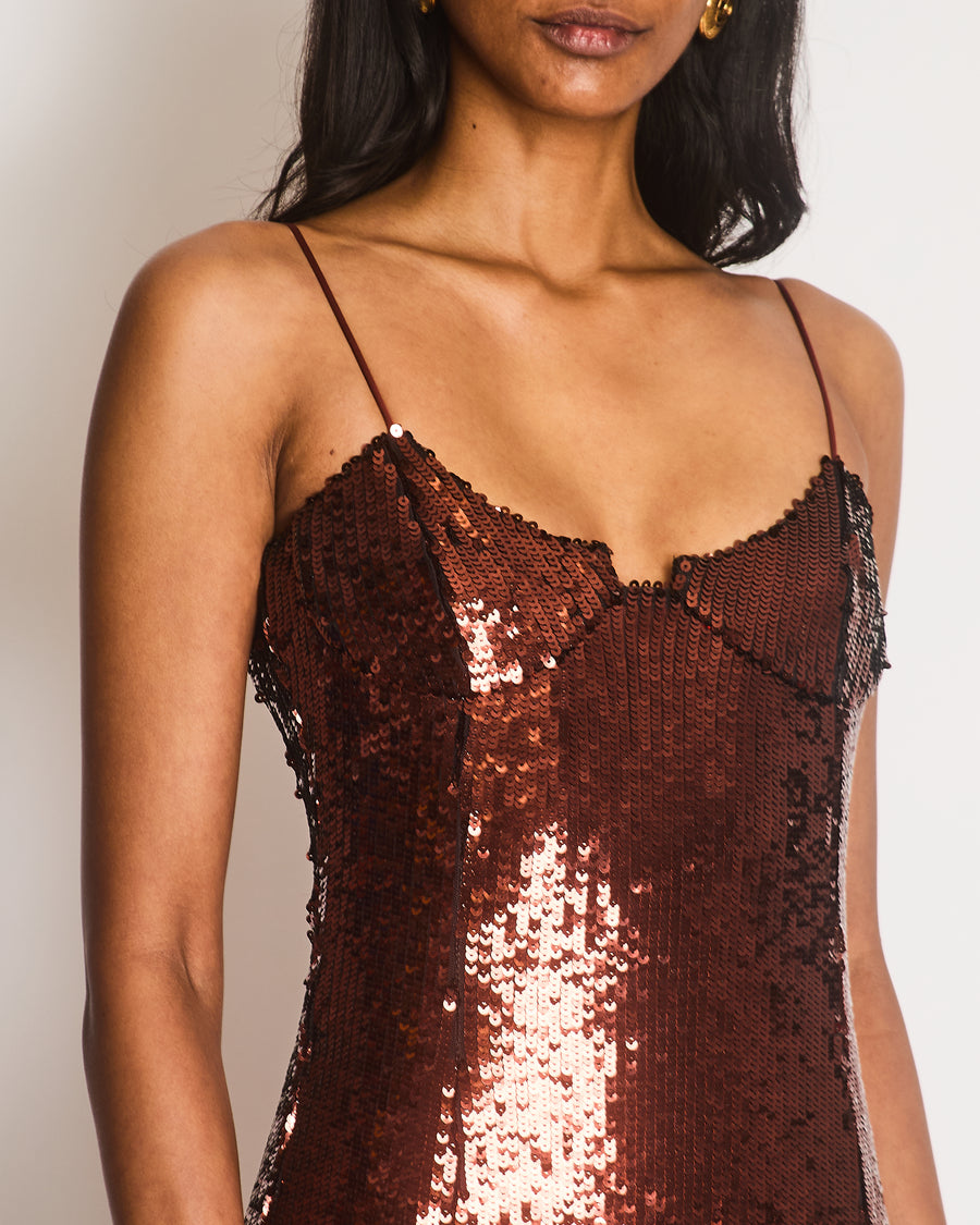 Galvan London Brown Sequin Strap Maxi Dress with Split Detail Size FR 36 (UK 8)