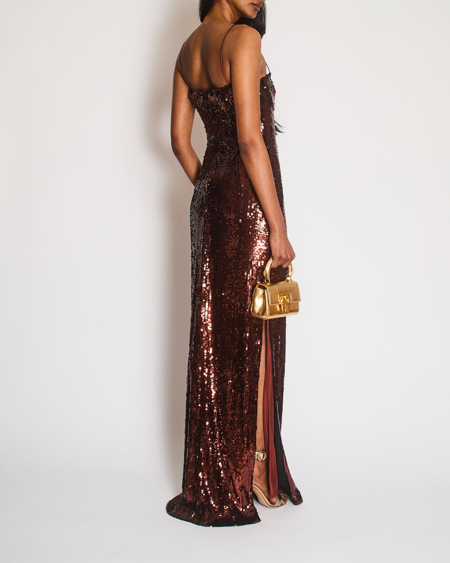 Galvan London Brown Sequin Strap Maxi Dress with Split Detail Size FR 36 (UK 8)