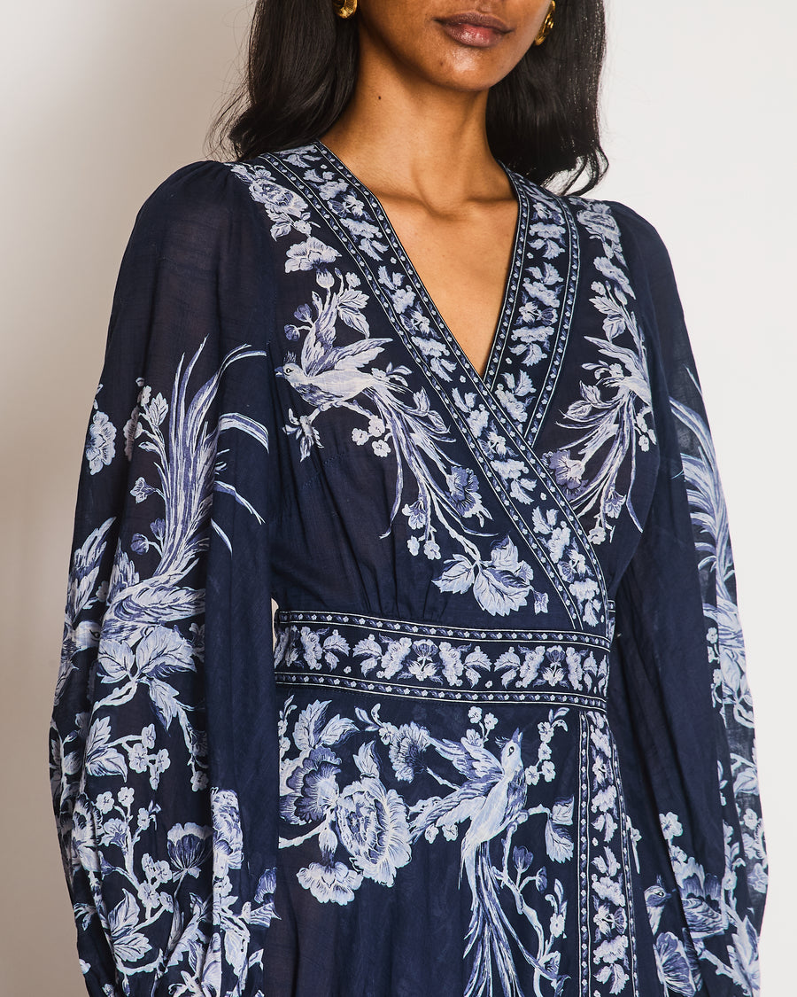 Zimmermann Navy V-Neck Long Sleeve Floral Dress Size 0 (UK 8)