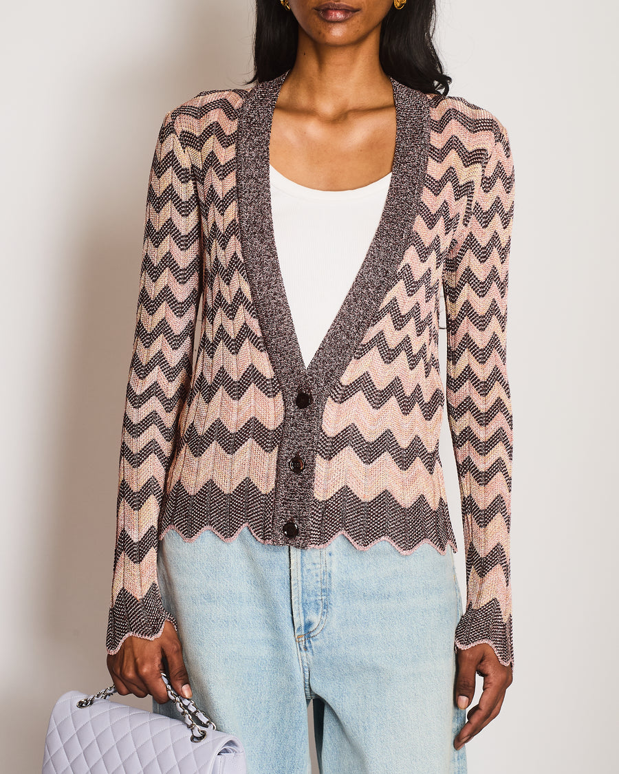 Missoni Pink Knitted Chevron Long Sleeve Metallic Cardigan Size 42 (UK 10)