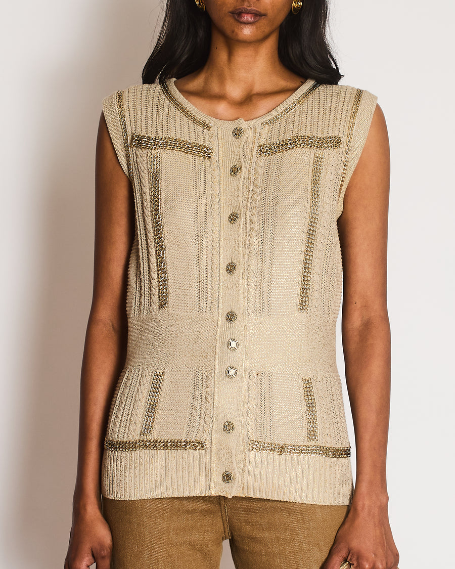 Chanel 08/P Beige Metallic Vest with Chain Trim Detail Size FR 42 (UK 14)