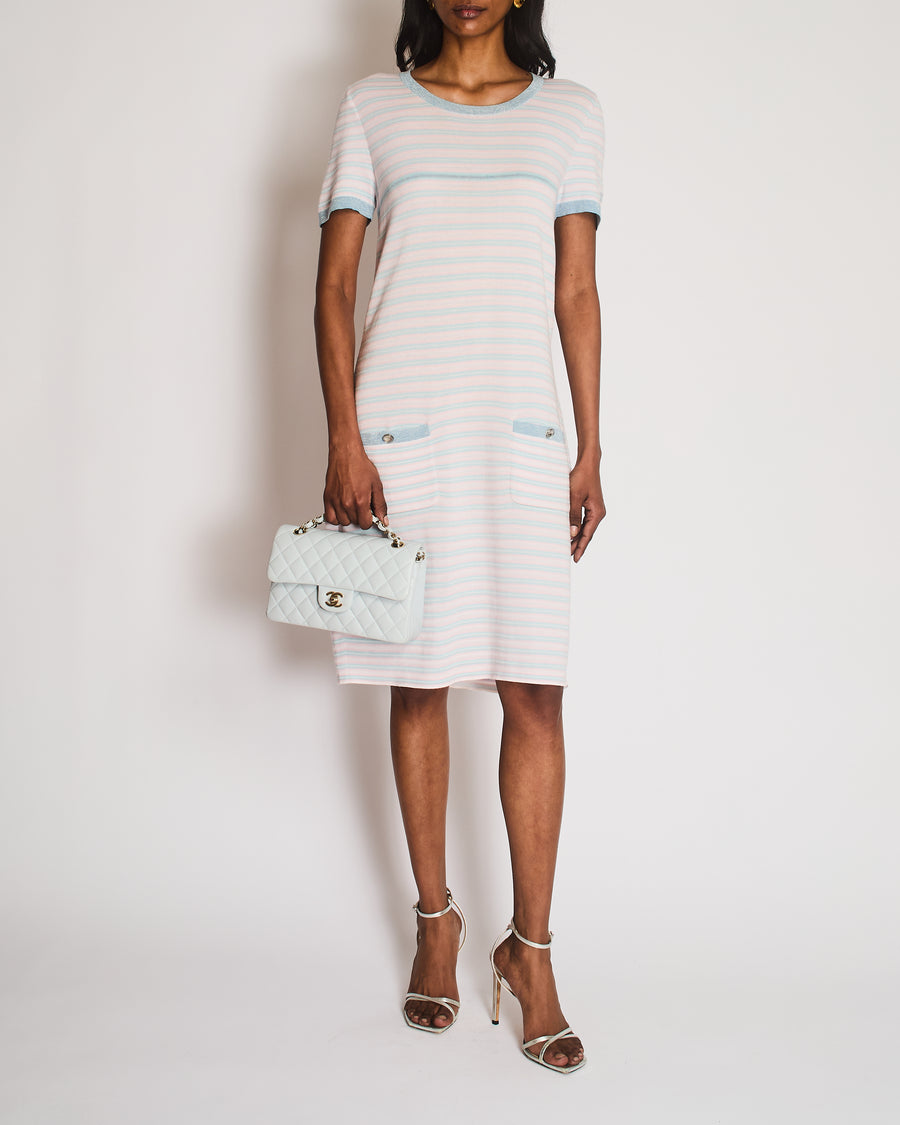 Chanel 09/C Pink Striped Round Neck Midi Dress with Pocket and CC Deta   Sellier
