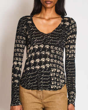 Chanel 06/C Black V-Neck Long Sleeve Top with CC Logo Detail Size FR 36 (UK 8)