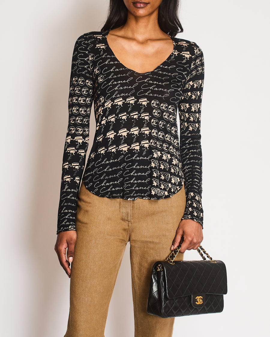 Chanel 06/C Black V-Neck Long Sleeve Top with CC Logo Detail Size FR 36 (UK 8)