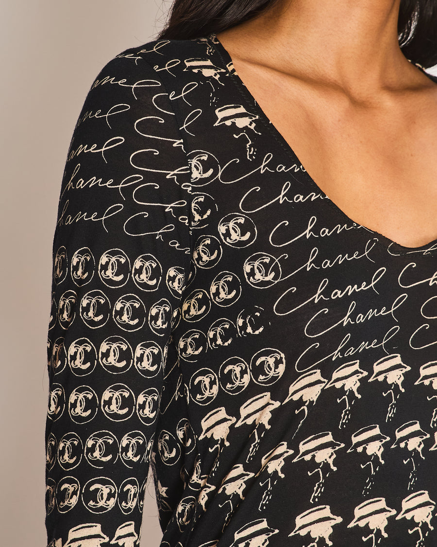 Chanel 06/C Black V-Neck Long Sleeve Top with CC Logo Detail Size FR 36 (UK 8)