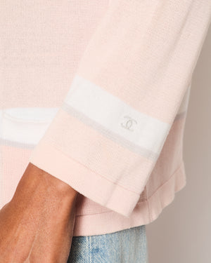 Chanel 08/P Pink Long Sleeve Cardigan with White and Grey Stripe Detail Size FR 40 (UK 12)