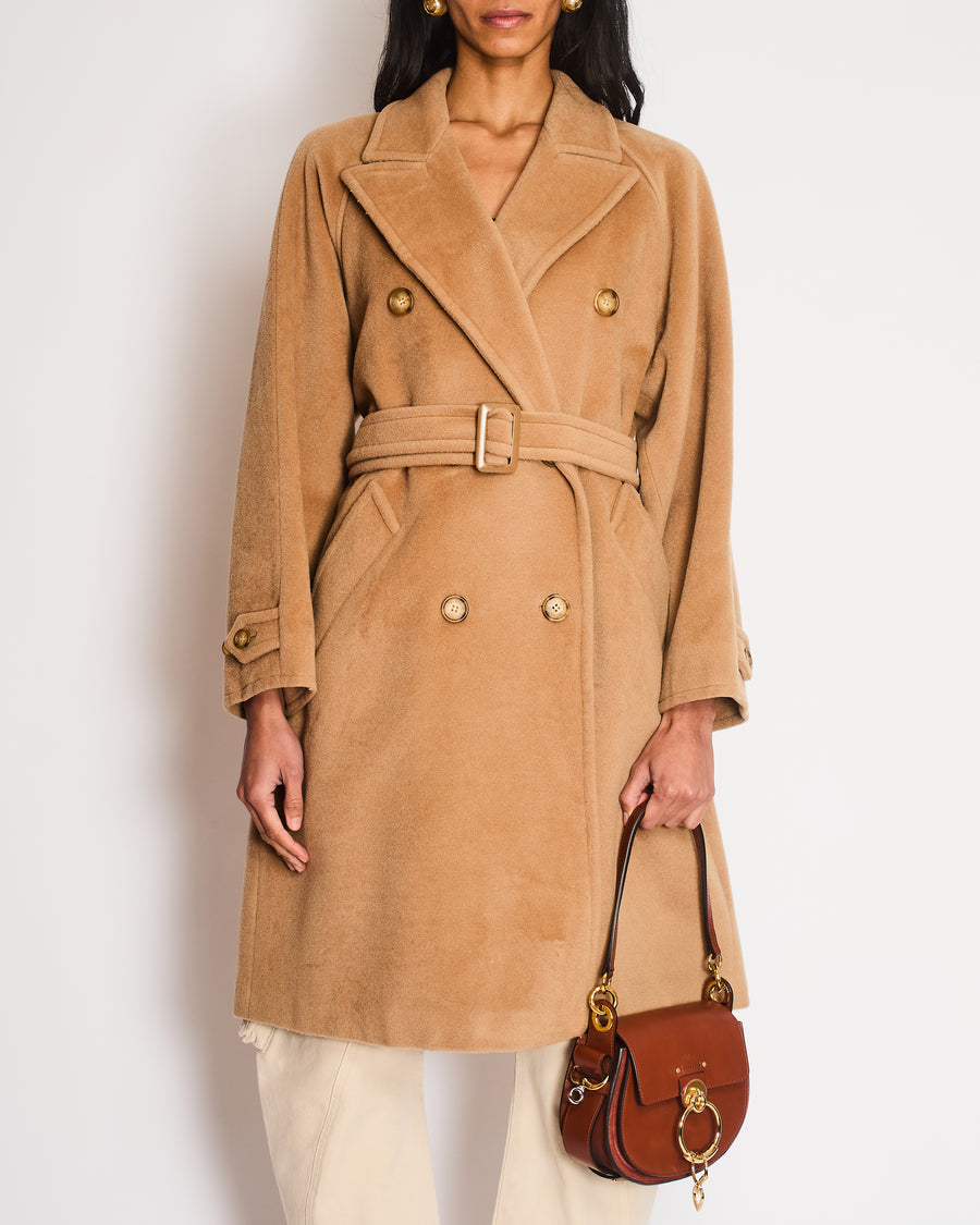 Max Mara Wool Camel Double-Breasted Belted Coat with Brown Buttons Size IT 42 (UK 10)
