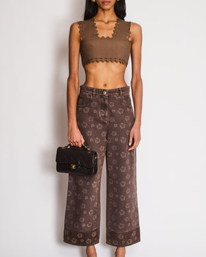 Chanel 25 Metiers D'Art Grey Wide-Leg Jeans with Flower Prints and Silver Lion Button Detail Size FR 38 (UK 10)