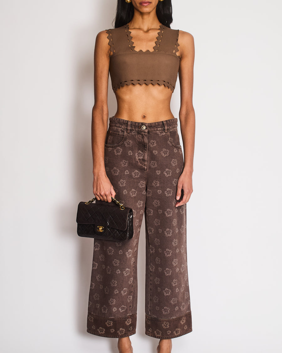 Chanel 25 Metiers D'Art Grey Wide-Leg Jeans with Flower Prints and Silver Lion Button Detail Size FR 38 (UK 10)