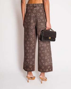 Chanel 25 Metiers D'Art Grey Wide-Leg Jeans with Flower Prints and Silver Lion Button Detail Size FR 38 (UK 10)