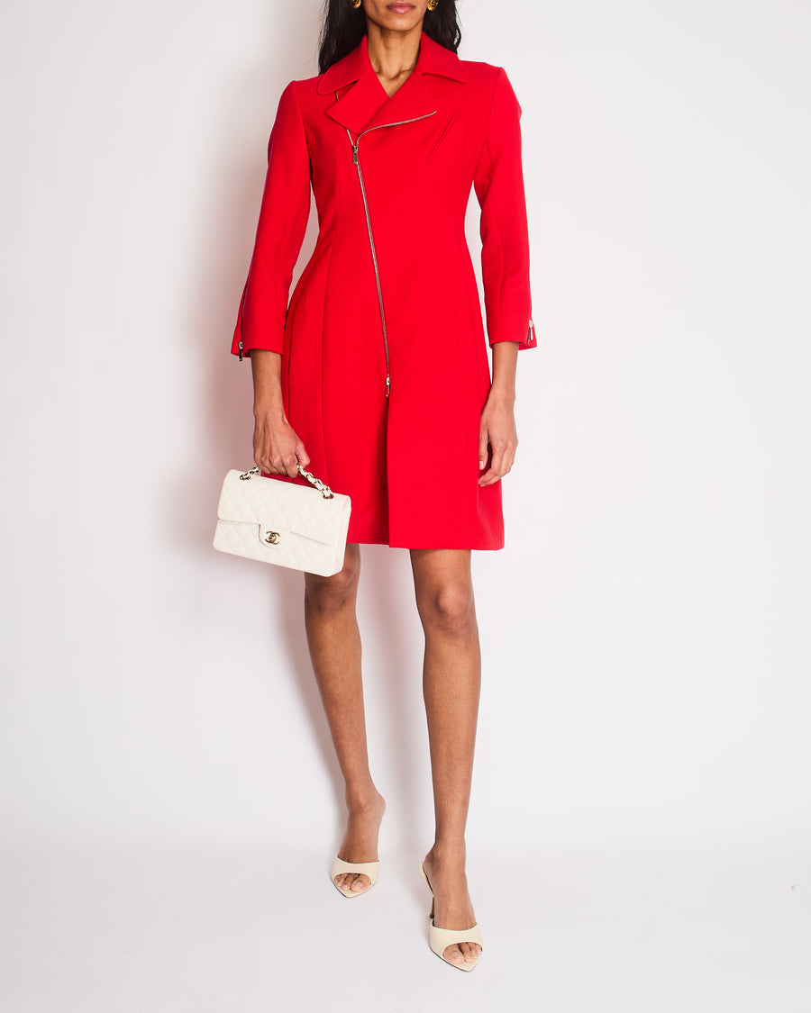 Christian Dior Red Wool Asymmetric Zipped Jacket Dress with Zip Detail Size FR 36 (UK 8)