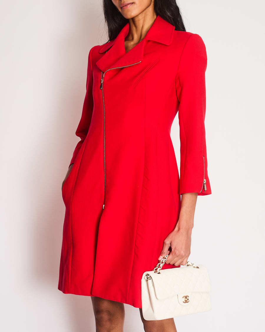 Christian Dior Red Wool Asymmetric Zipped Jacket Dress with Zip Detail Size FR 36 (UK 8)