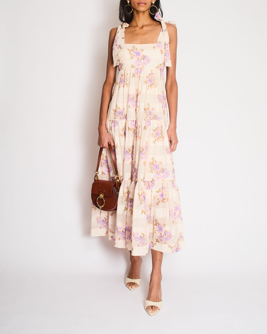 Zimmermann Pink Floral Tiered Linen Maxi Dress with Purple Rose Print Size 2 (UK 12)