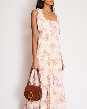 Zimmermann Pink Floral Tiered Linen Maxi Dress with Purple Rose Print Size 2 (UK 12)