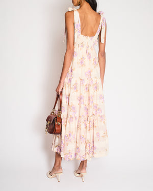 Zimmermann Pink Floral Tiered Linen Maxi Dress with Purple Rose Print Size 2 (UK 12)