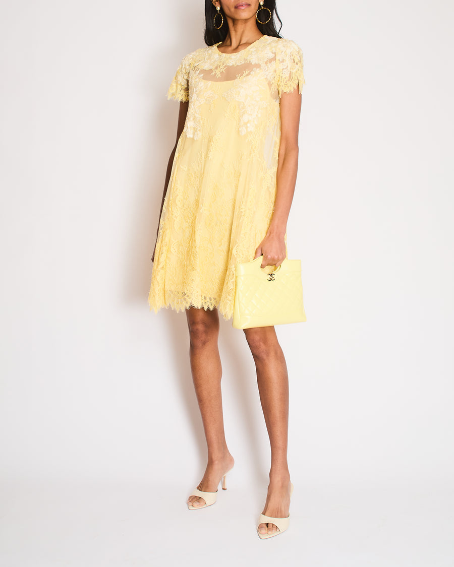 Marchesa Notte Yellow Midi Floral Lace Dress with Floral Scalloped det   Sellier