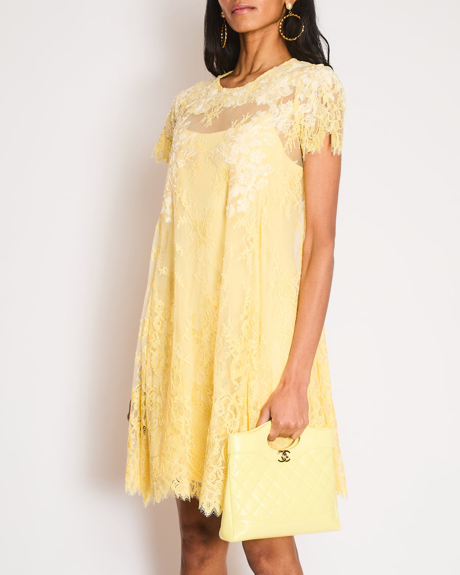 Marchesa Notte Yellow Midi Floral Lace Dress with Floral Scalloped det –  Sellier