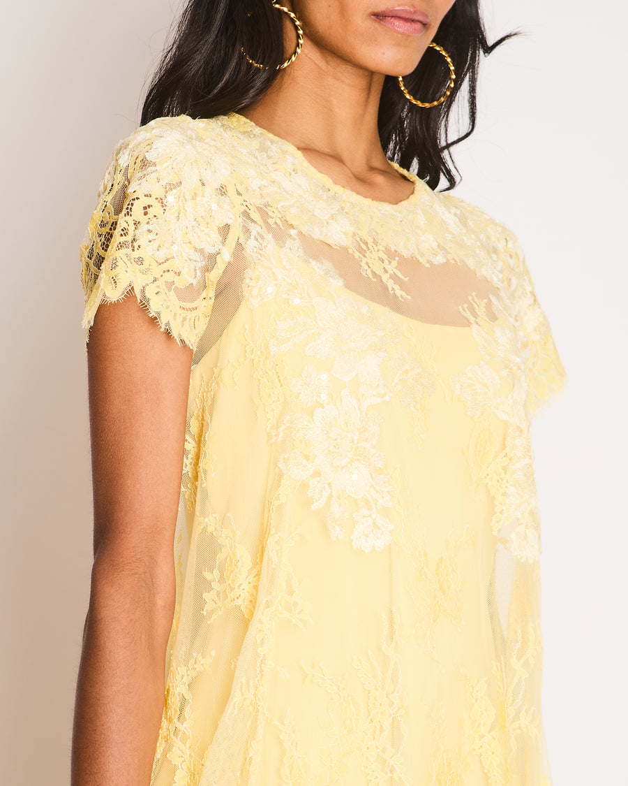 Marchesa Notte Yellow Midi Floral Lace Dress with Floral Scalloped details Size US 4 (UK 6)