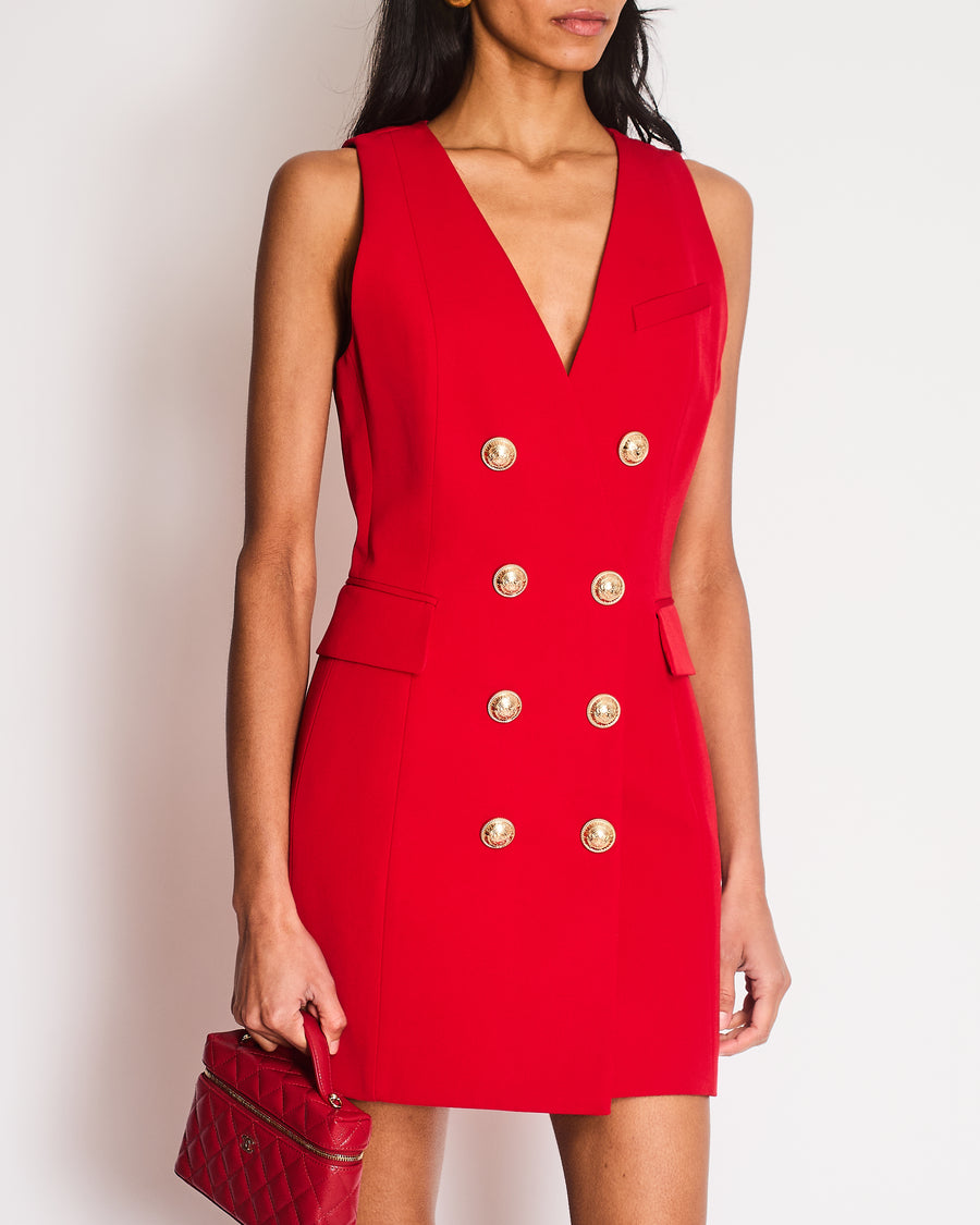 Balmain Double Breasted Red Dress with Gold Button Details Size EU 38 (UK 10)