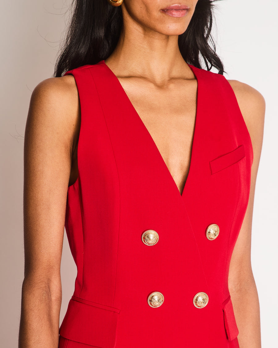 Balmain Double Breasted Red Dress with Gold Button Details Size EU 38 (UK 10)